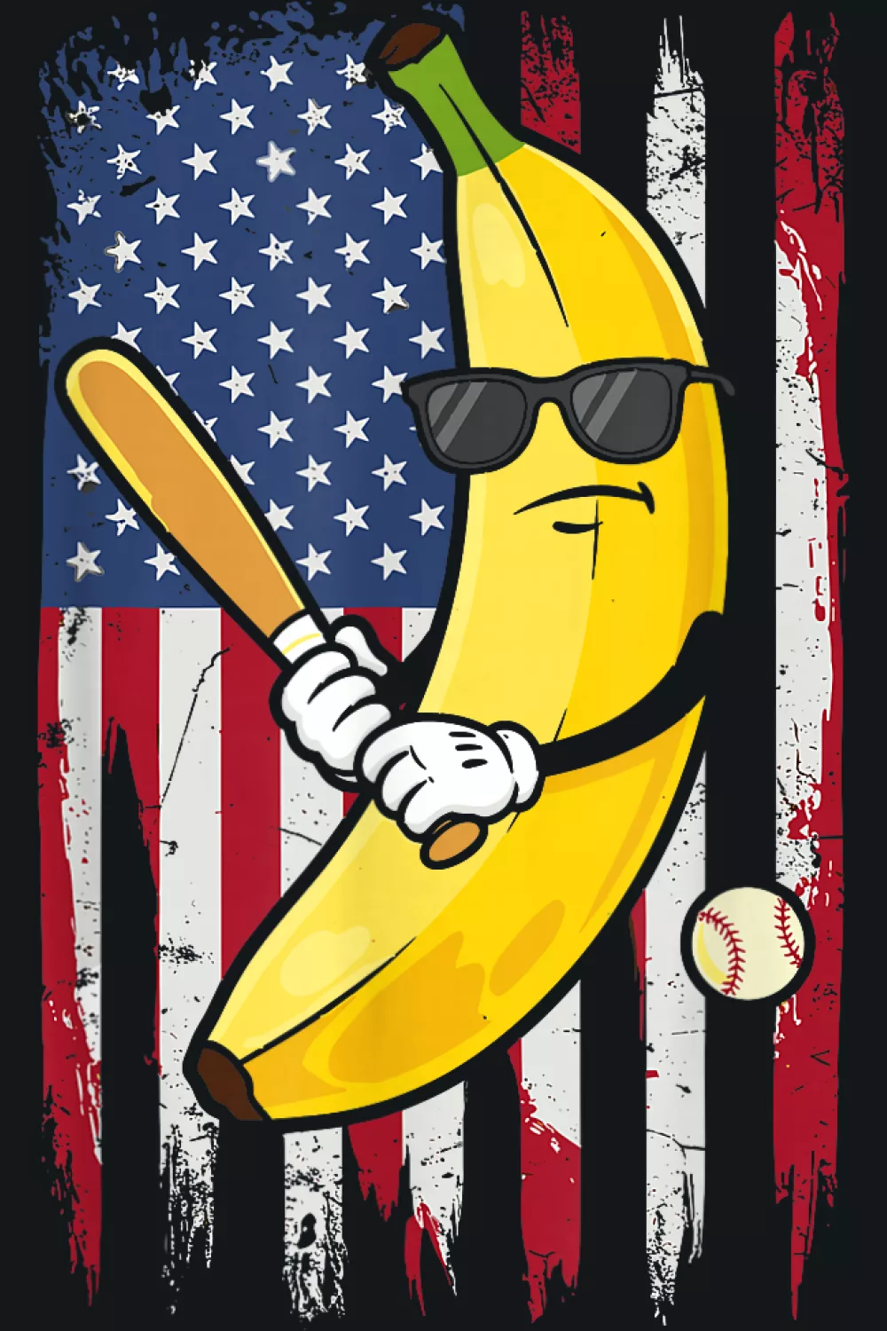 Banana baseball player on American flag background