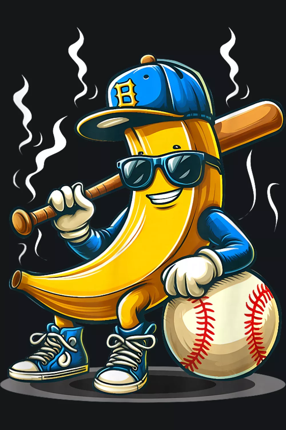 Banana wearing hat and sunglasses playing baseball