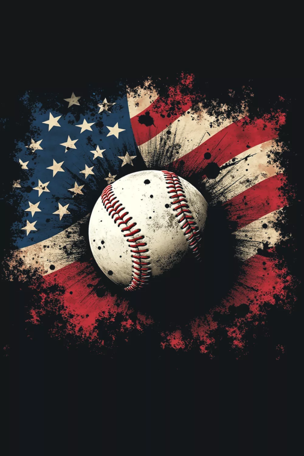 Weathered American flag splatter with baseball resting in the corner