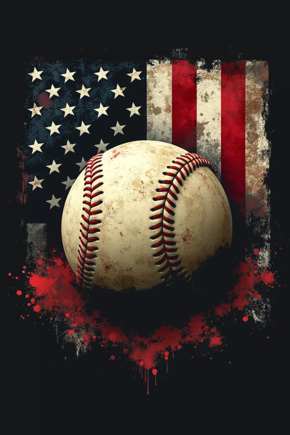 Single baseball in front of tall flag panel with worn edges