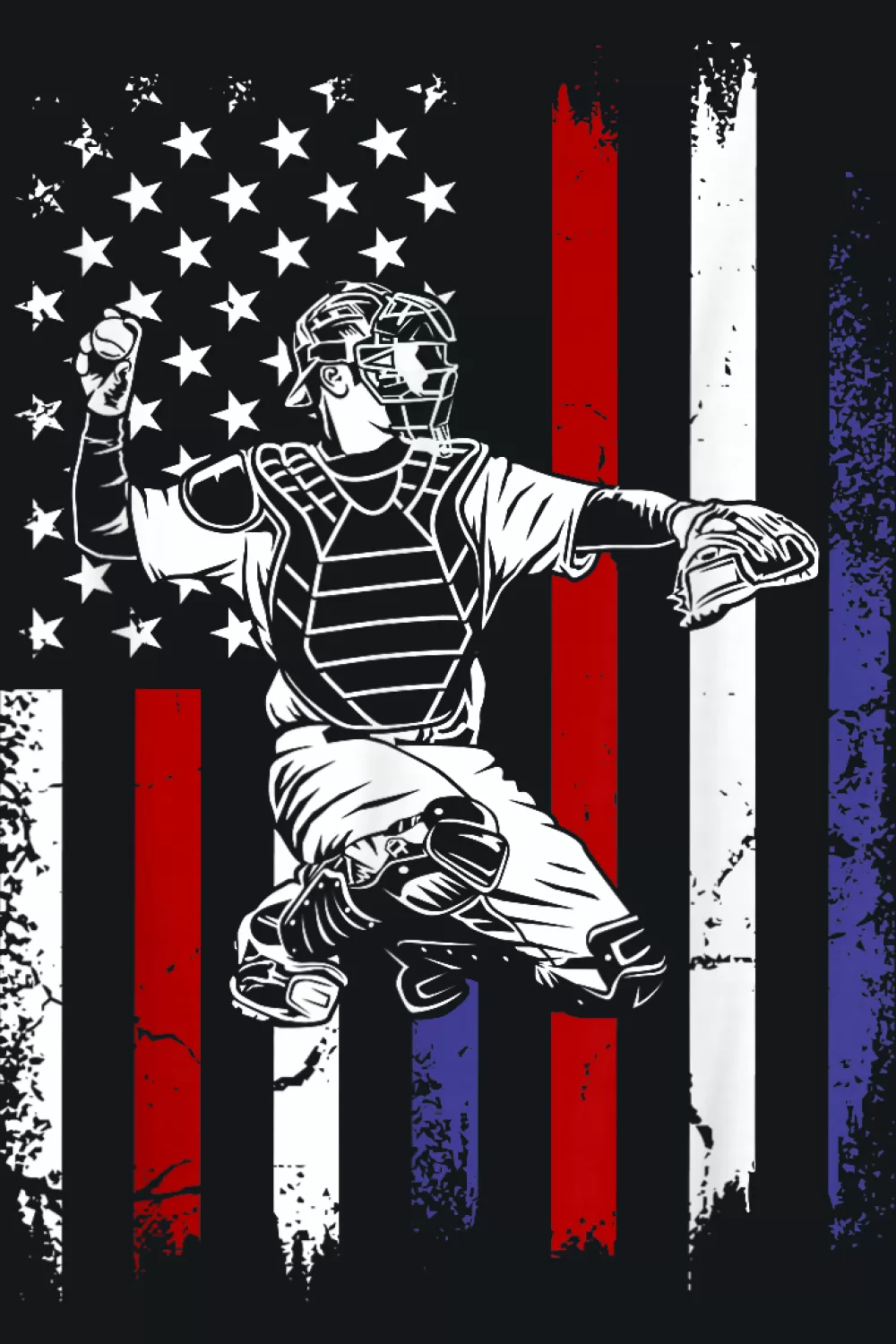 Catcher silhouette over bright stripes