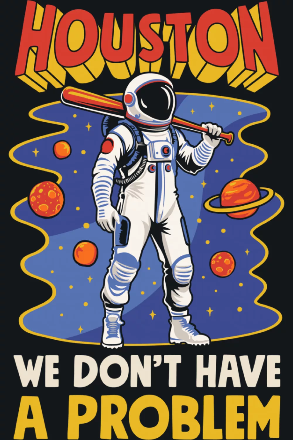 Outer space city galaxy science Mars themed baseball astronaut graphic with bold text layout.