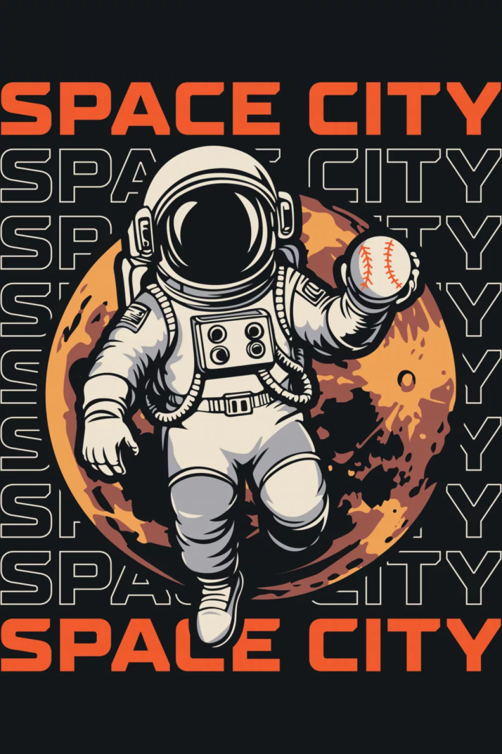 Space city galaxy science Mars baseball astronaut graphic with bold typography and cosmic art.