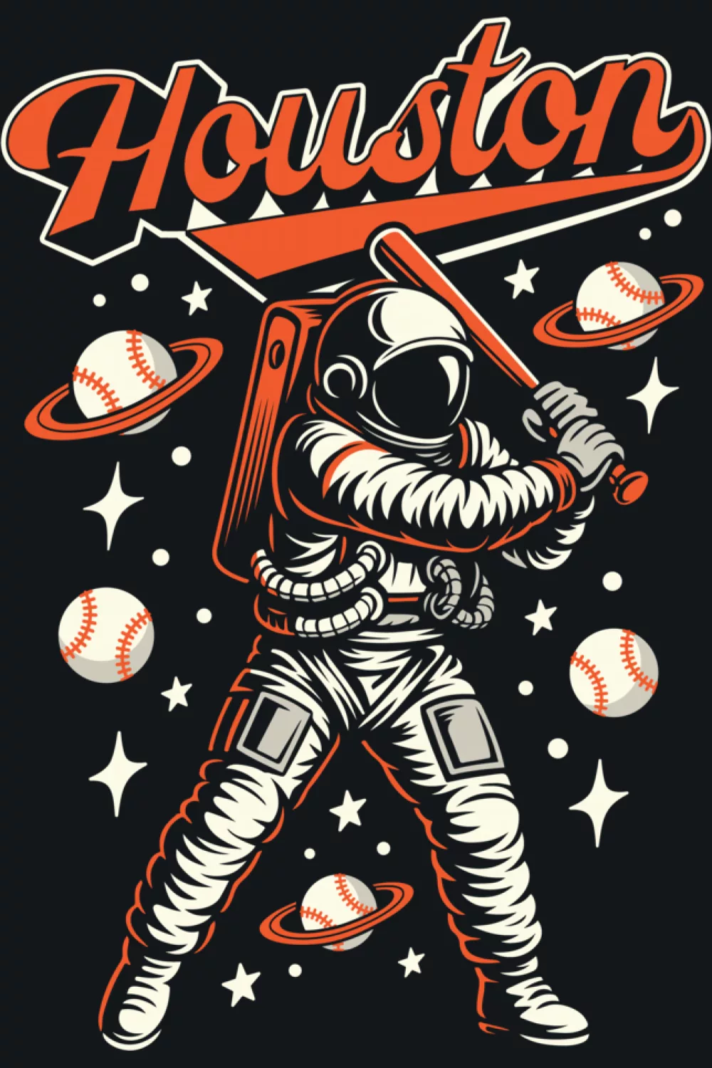 Outer space city galaxy science planets baseball astronaut graphic with cosmic theme.
