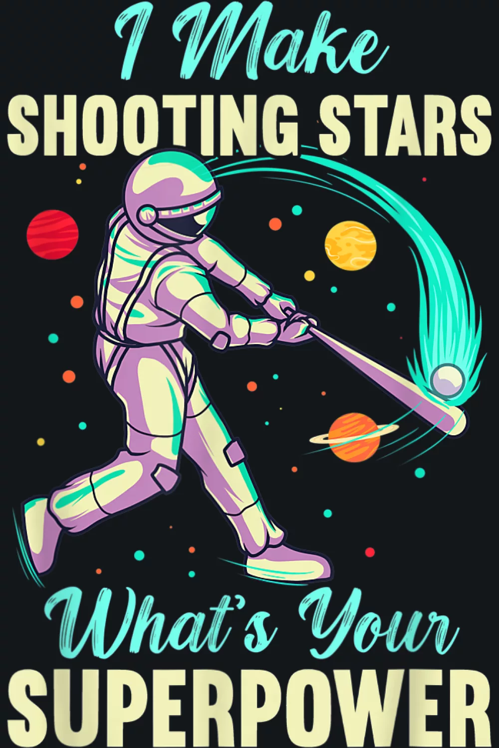 Baseball astronaut space shooting star softball batter theme with motion and bright cosmic details.