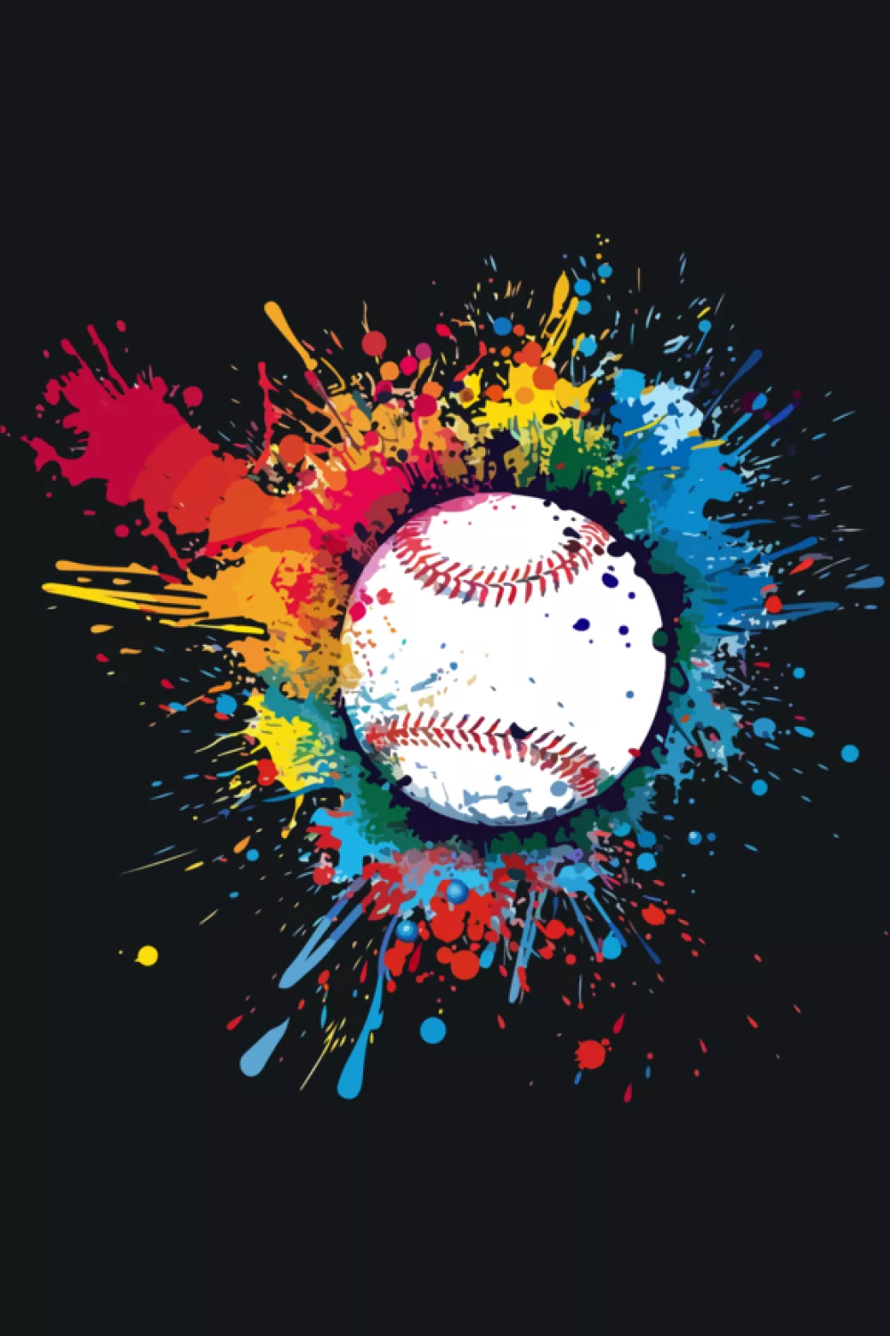 Colorful paint splash baseball ball graphic with vivid drips and motion streaks.