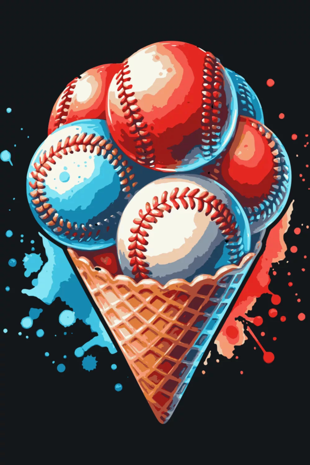 stacked baseball scoops in an ice cream cone with bold splatter accents for fans