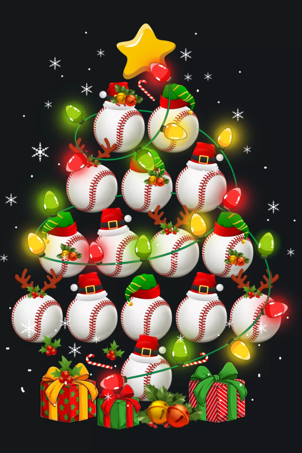 Tall sparkling tree built from balls with small elf hats on many branches.