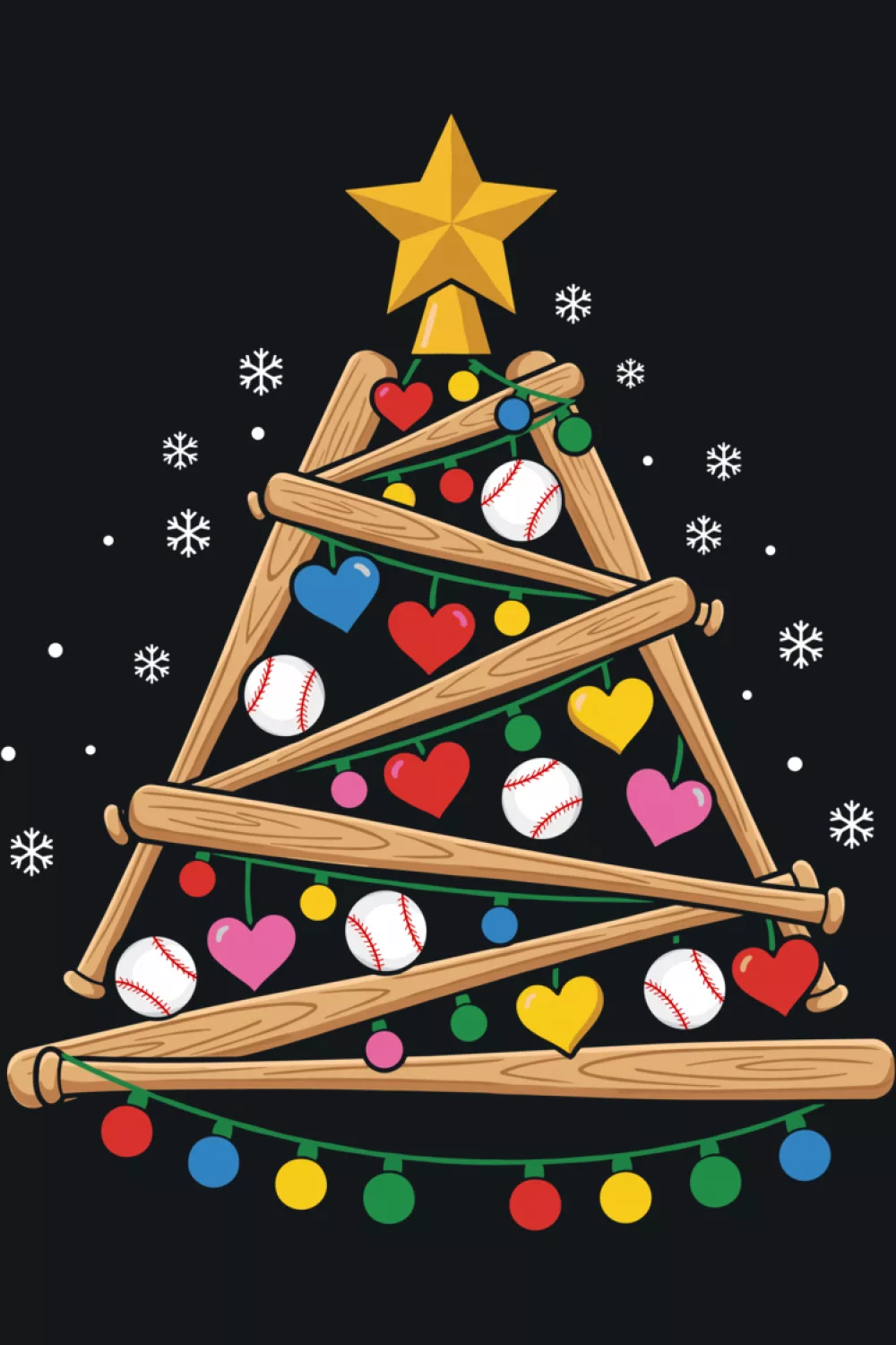 Tree created from bats with hearts and balls hanging like ornaments.