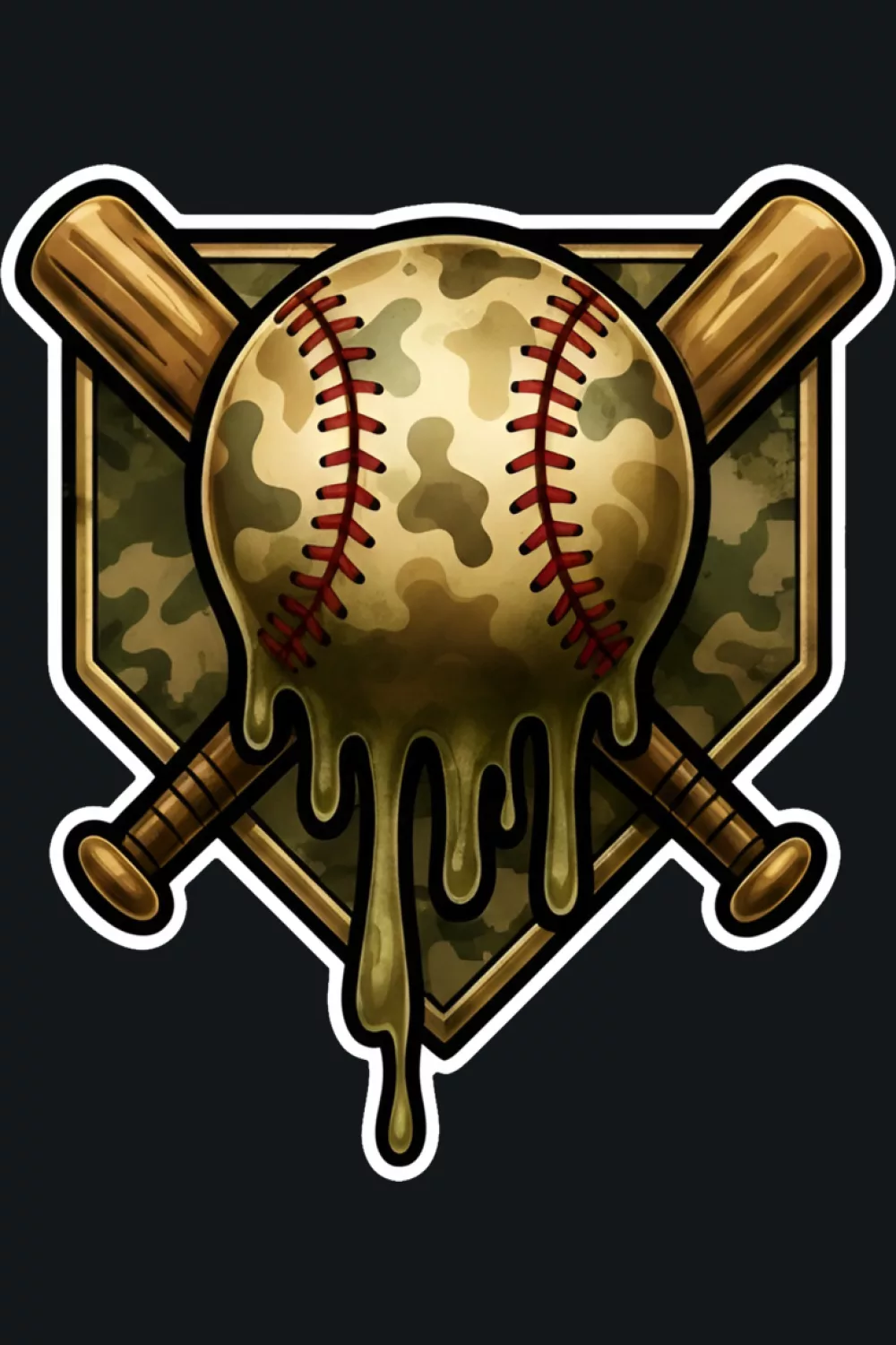 Camo baseball drip concept with melting scoop above a ball for youth outfits