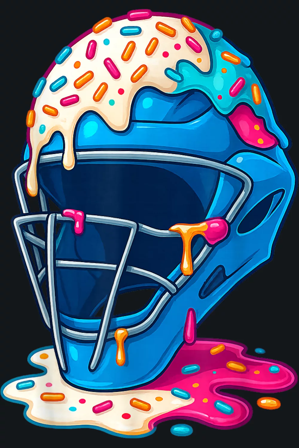 Catcher mask with cotton-candy ice cream drips