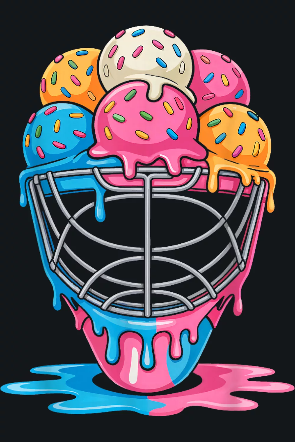 High gloss black mask with pink blue drip