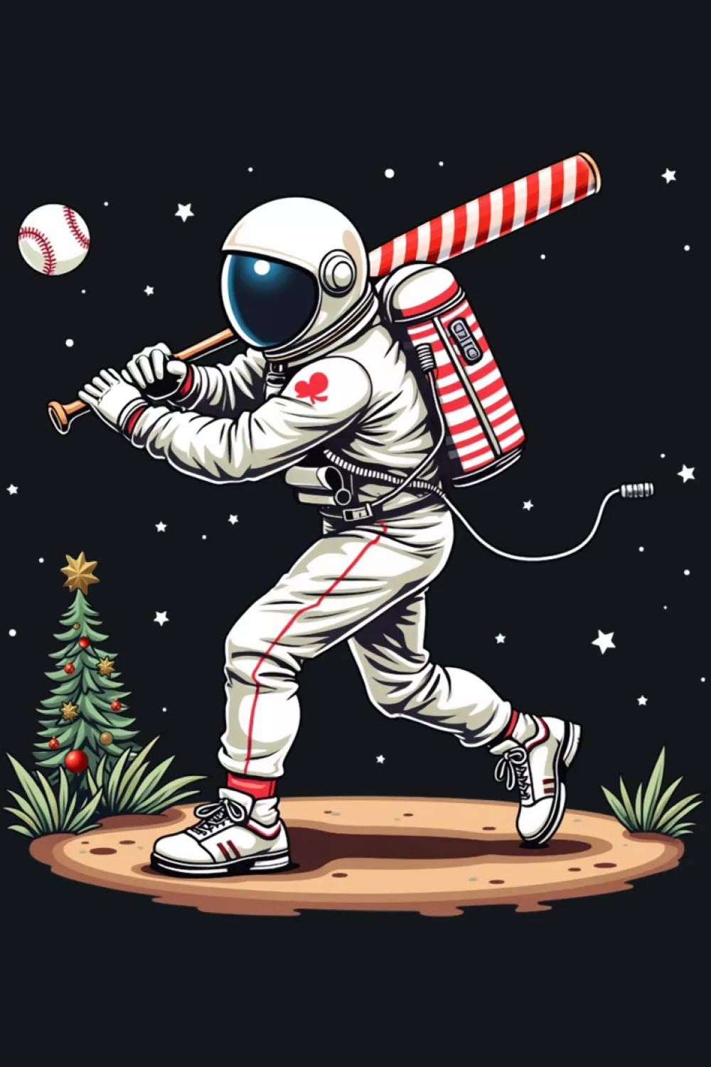 Baseball Christmas astronaut playing baseball in space theme for holiday fan gifts and winter games.