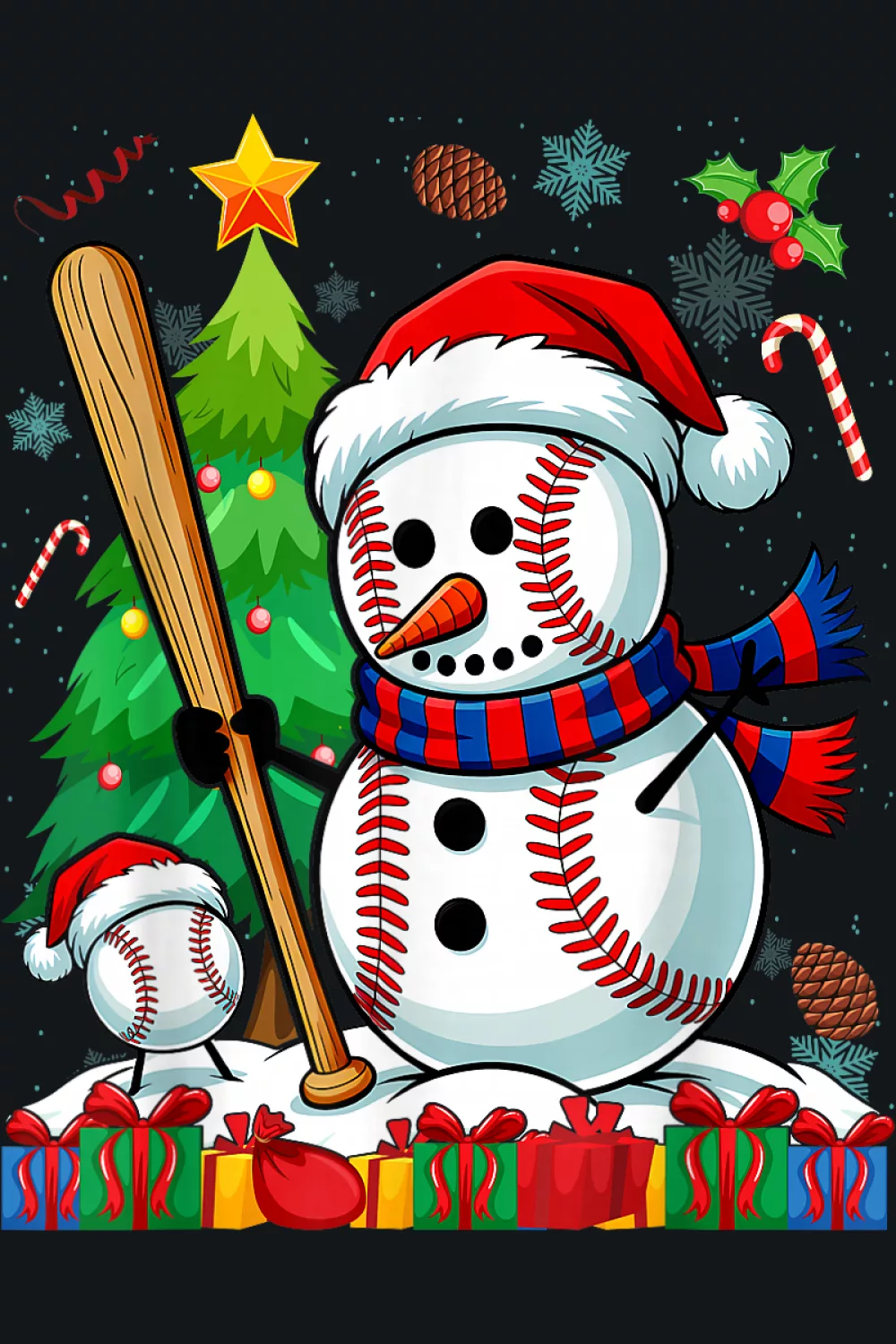 Snowman with candy cane bat