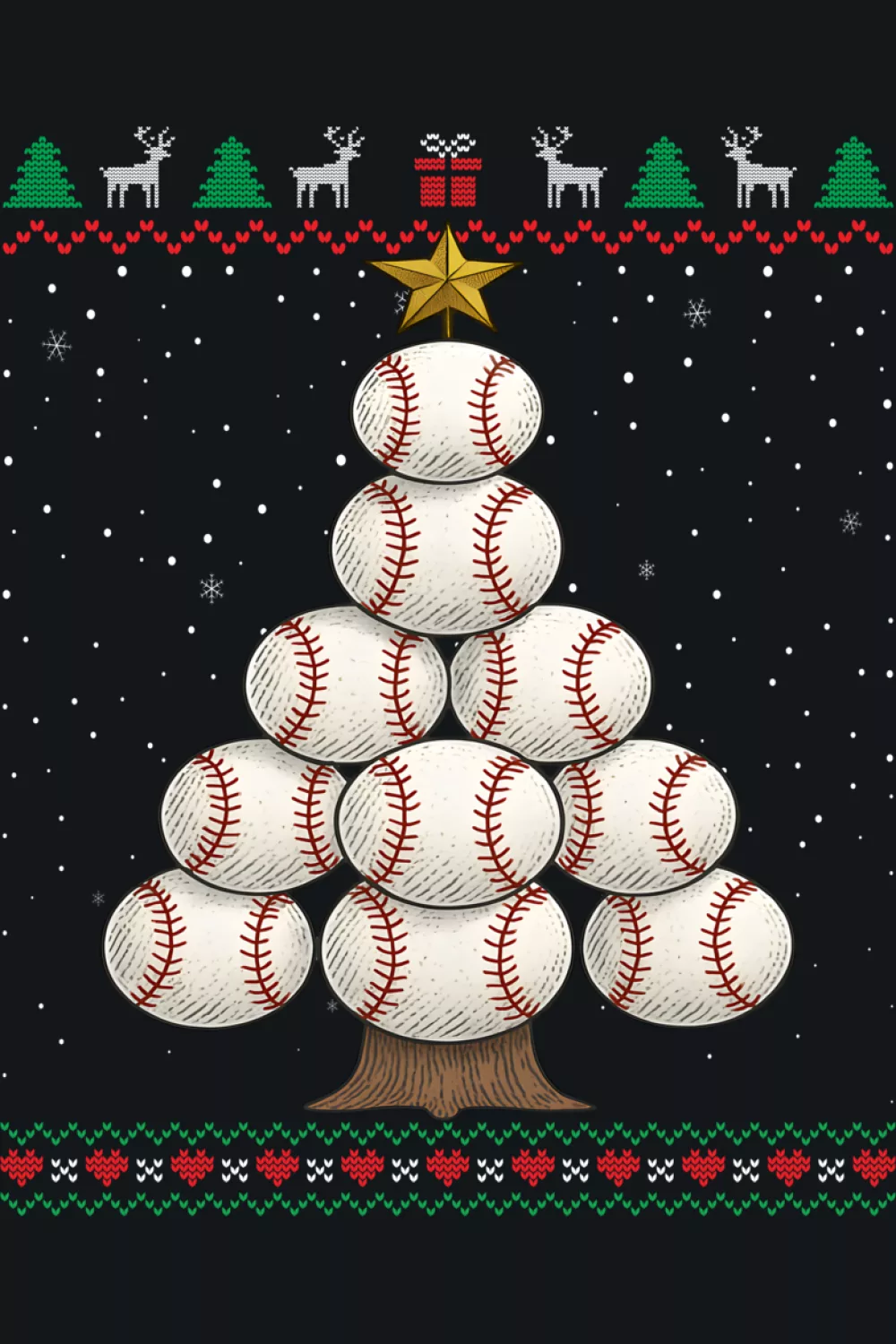 Funny holiday tree shaped like a pile of balls with a sweater pattern.