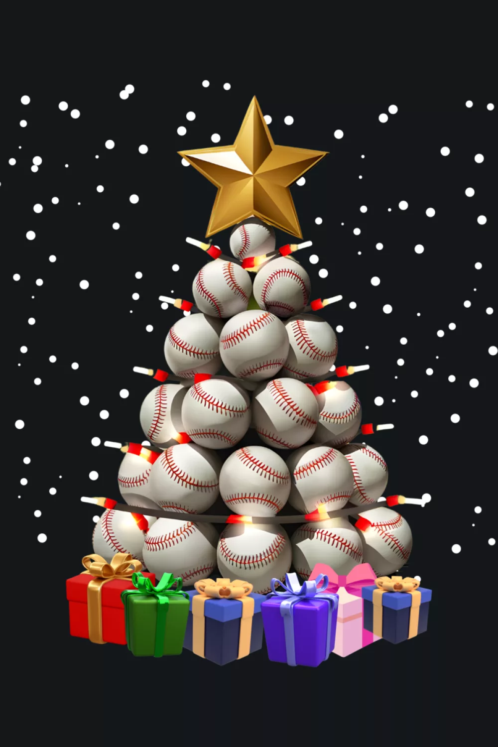 Matching family tree scene with parents and kids grouped around a stacked ball tree.