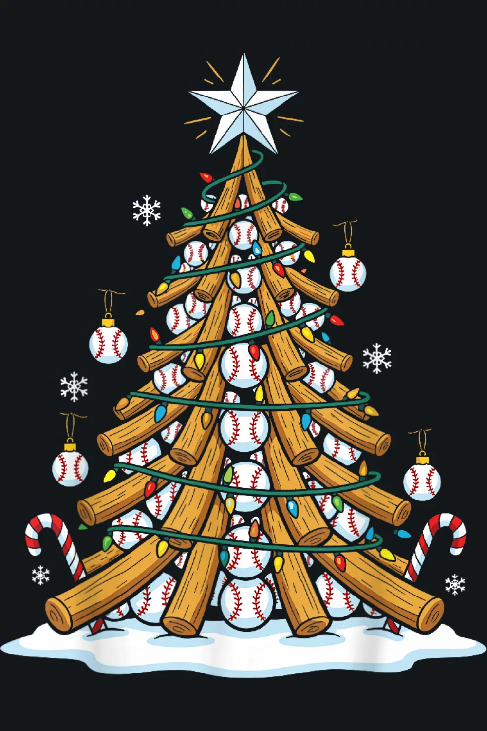 Bright striped tree lit from base to star with baseballs tucked between garlands.