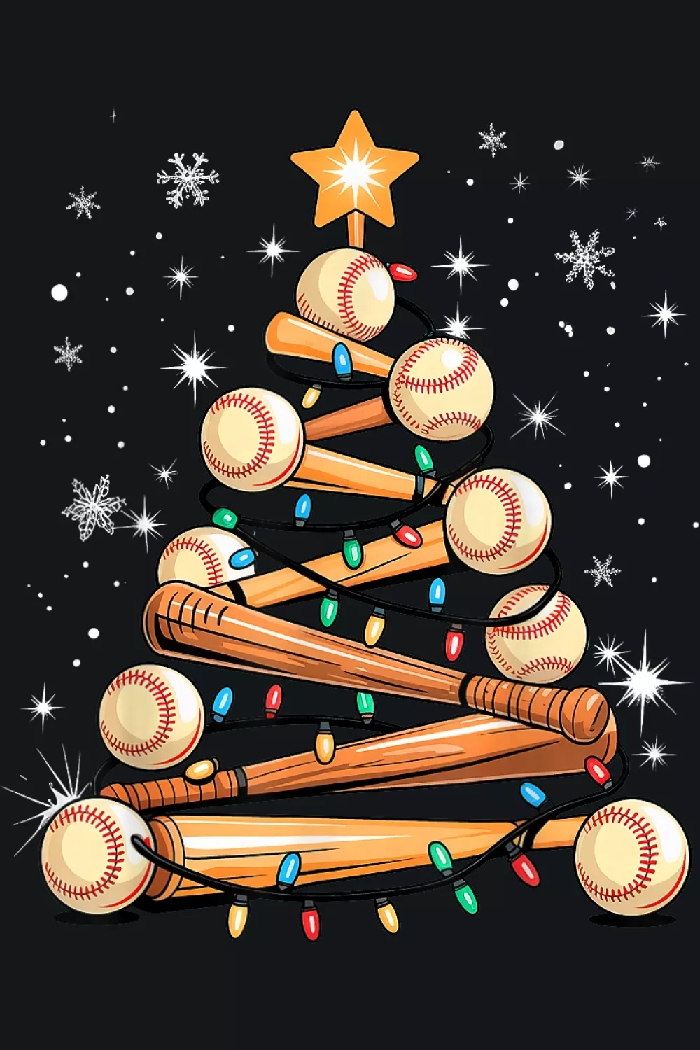 Classic light covered baseball tree glowing in front of a winter night sky.