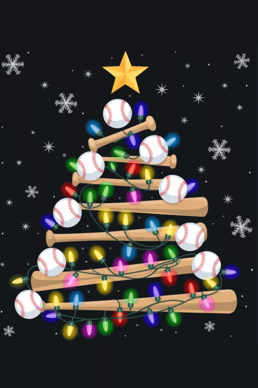 Colorful tree made of balls arranged in neat rows with gentle snowfall.