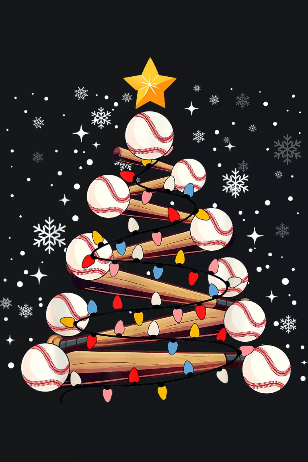 Baseball Christmas tree with bright string lights