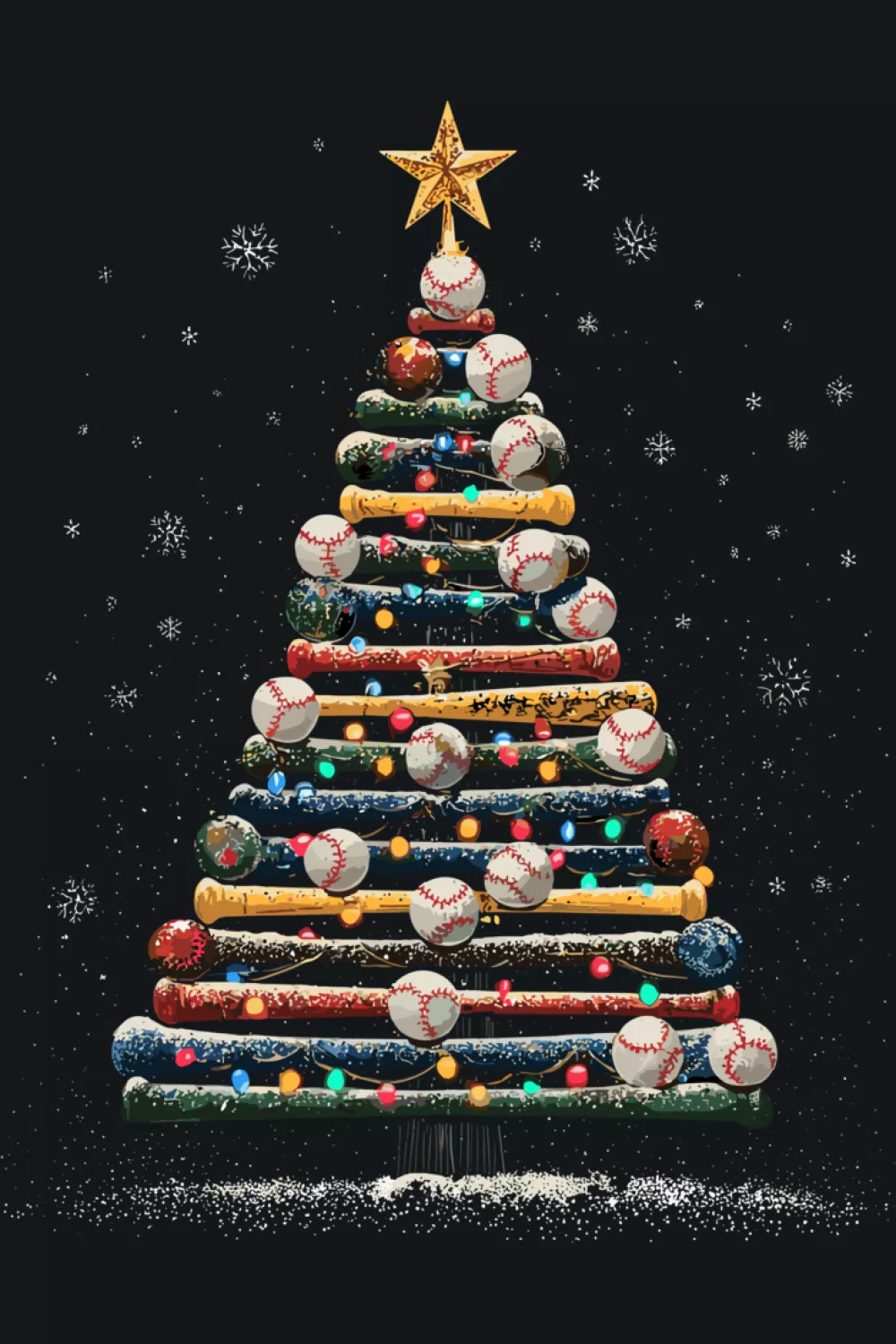 Tree built from baseballs above a snowy ground with a bright star overhead.