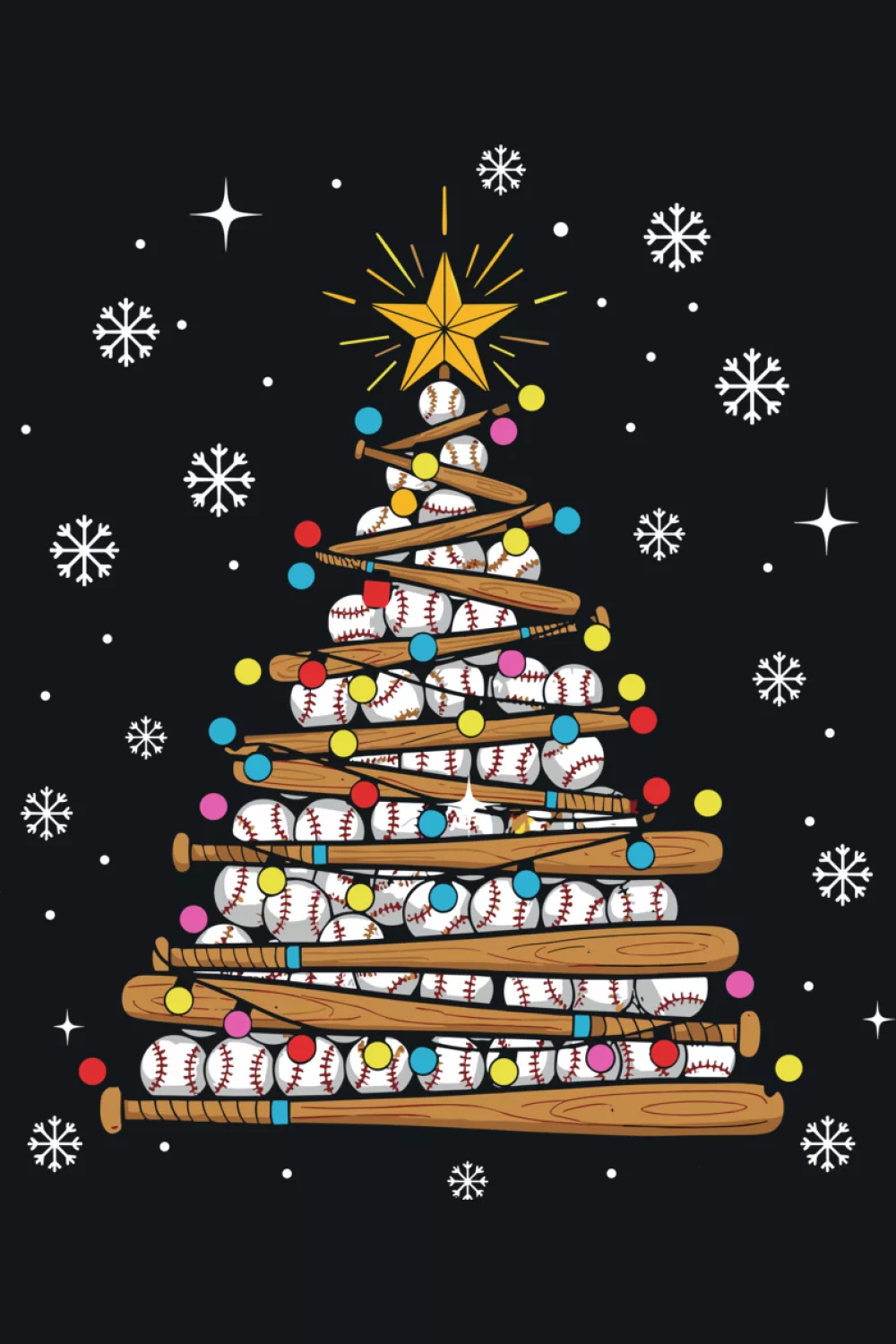 Tree of balls accented with candy colors and a bright yellow star.