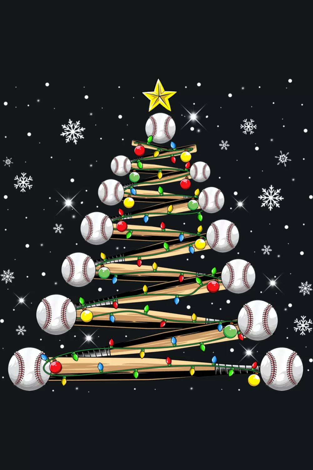 Baseball tree with tiny pajama patterns and extra lights on the branches.