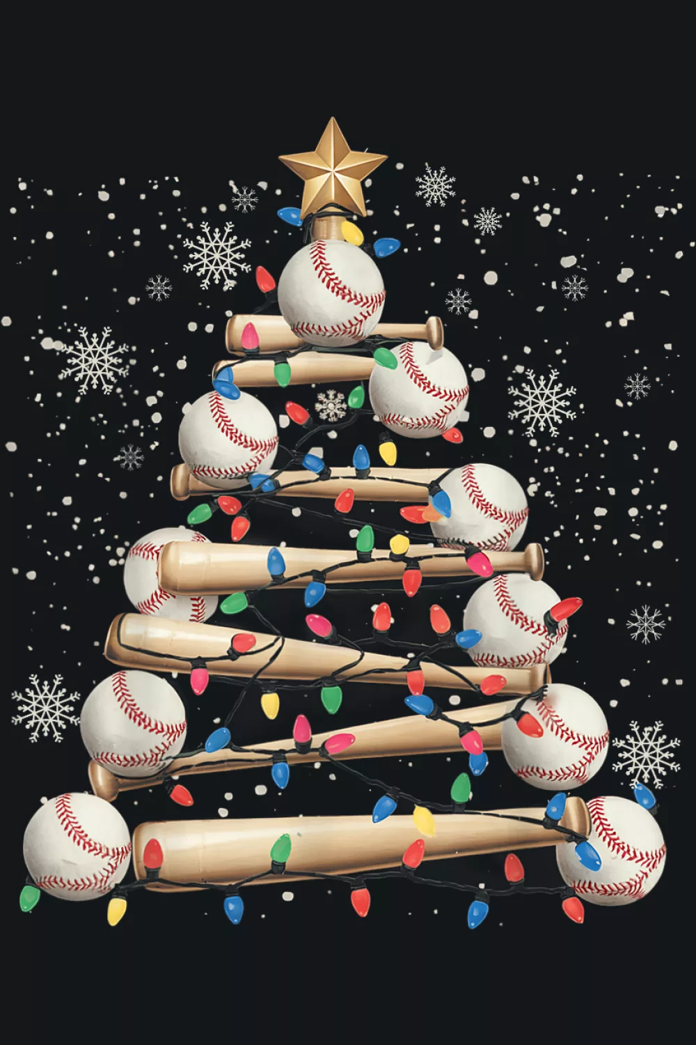 Star topped baseball tree with snow