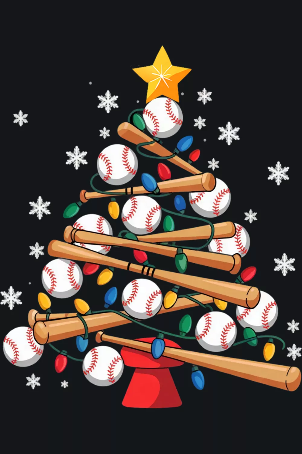 Tree with strings of lights and baseball ornaments surrounded by sparkles.