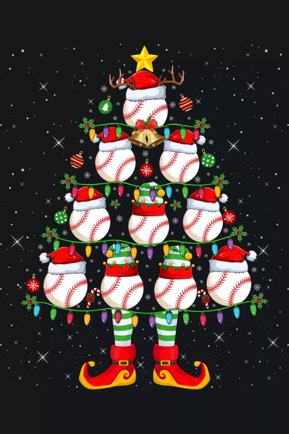 Festive tree where a player stands proudly beside bright baseball branches.