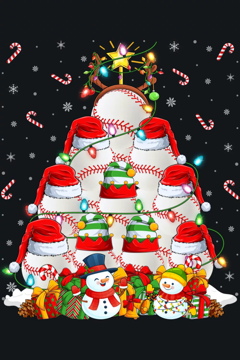Cartoon players climbing a baseball tree covered in lights.