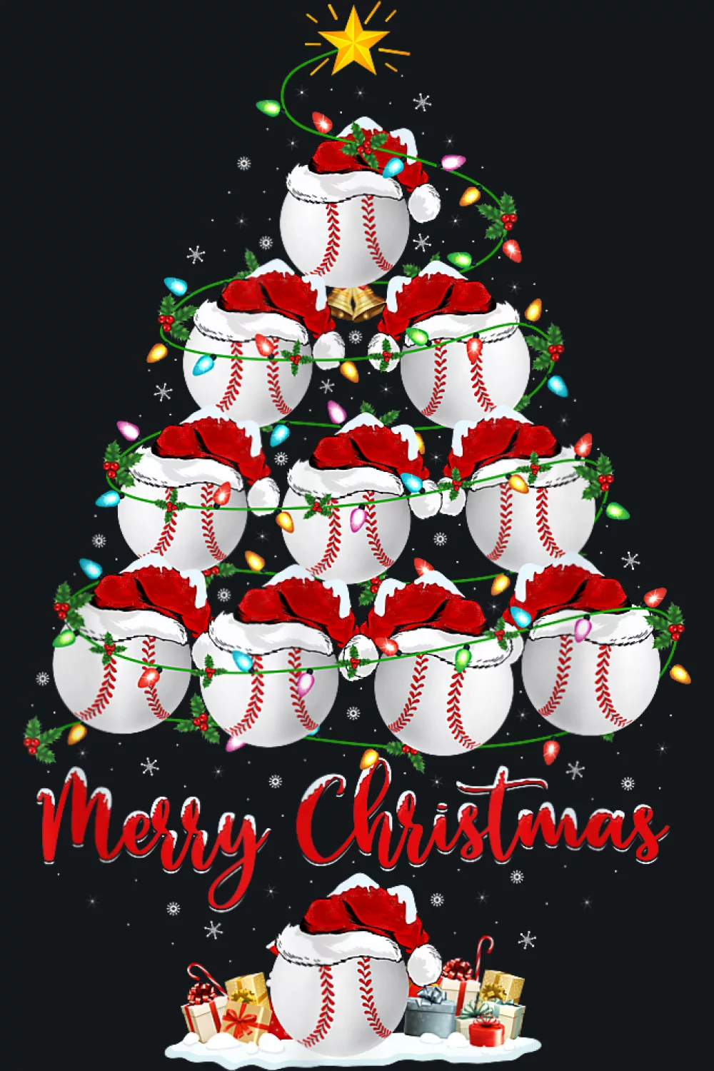 Tree of stacked bats and wrapped gifts