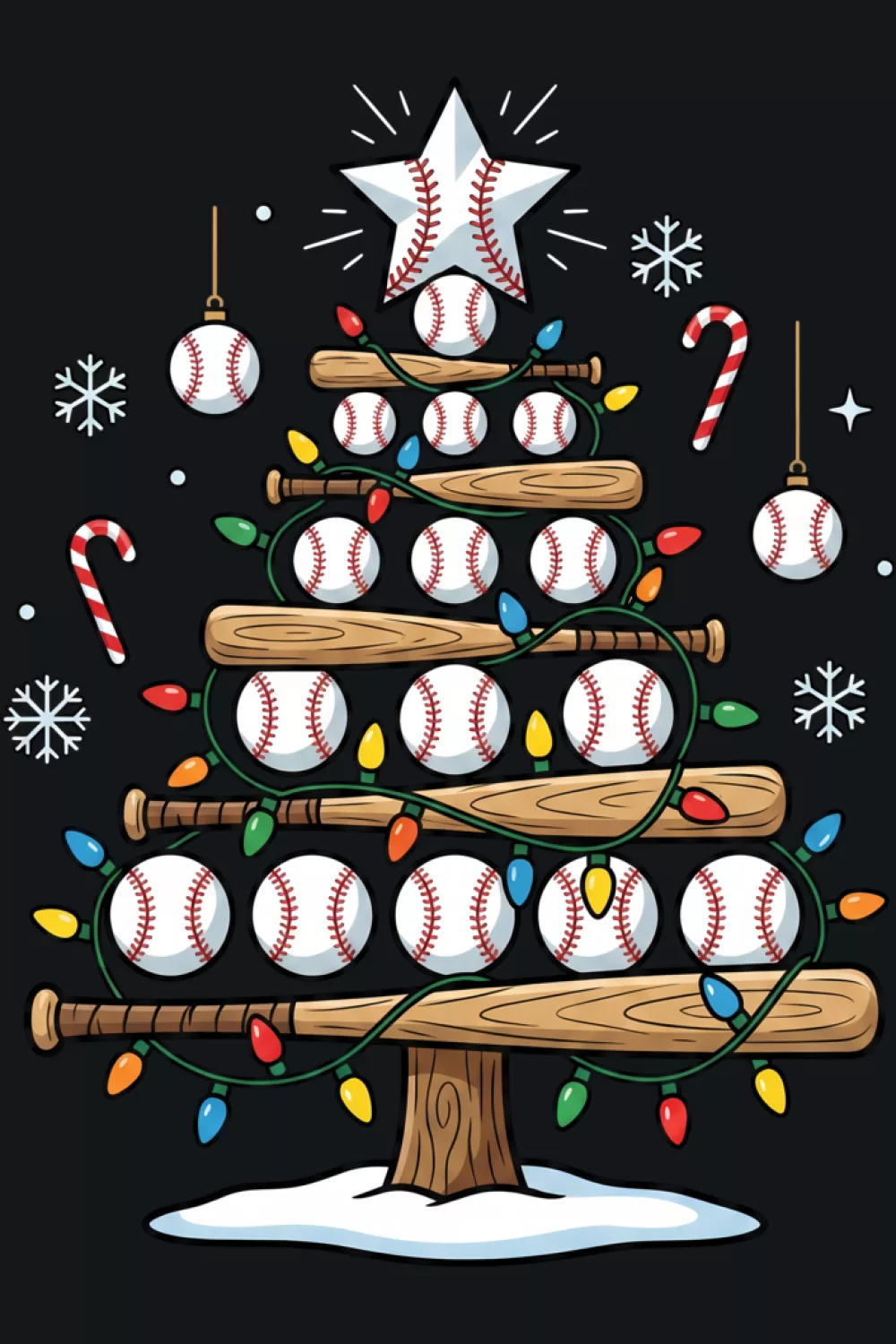 Holiday humor tree with bright colors and a playful mix of bats balls and stars.