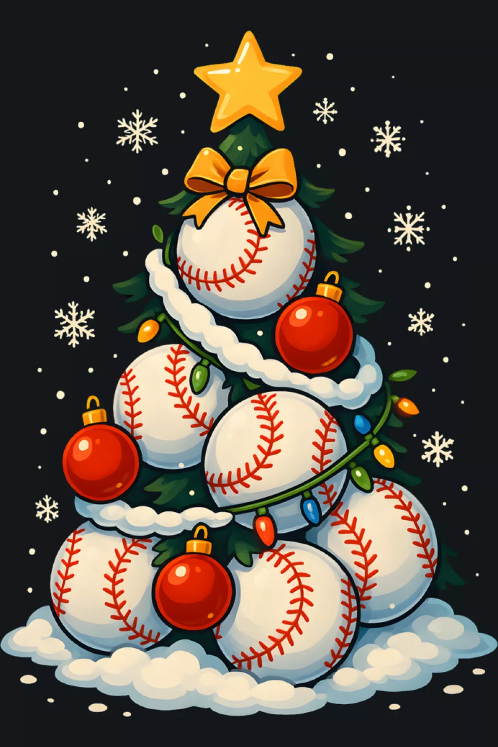 Santa figure leaning on a baseball tree with soft glowing lights.