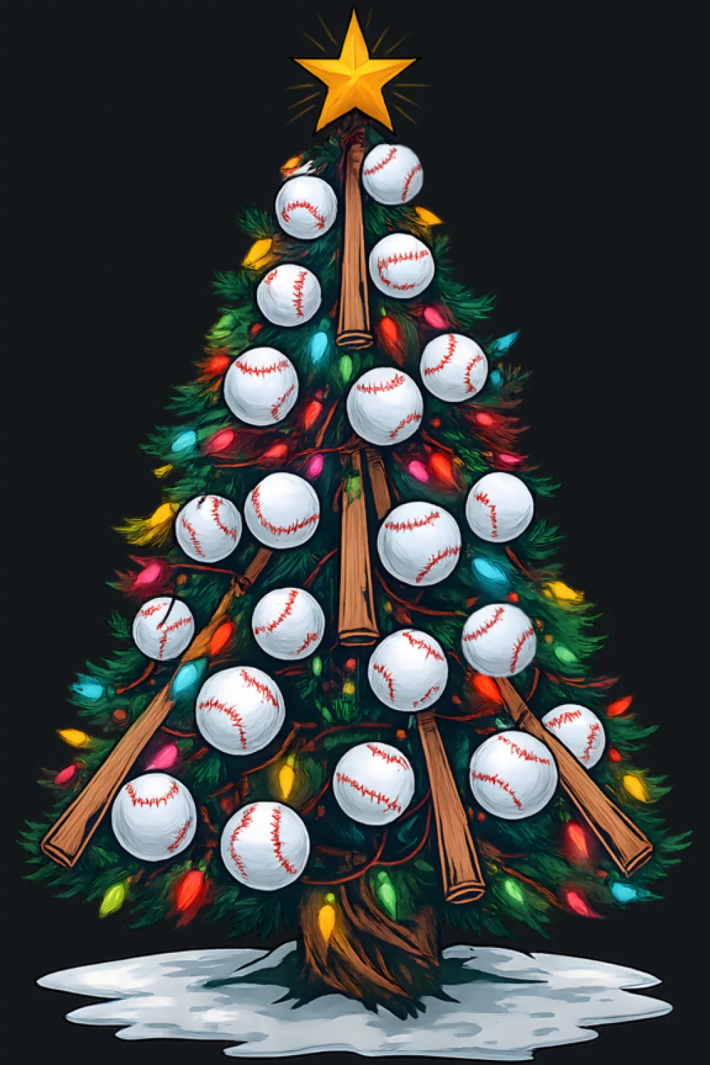 Tall baseball tree with gift boxes stacked at the base.
