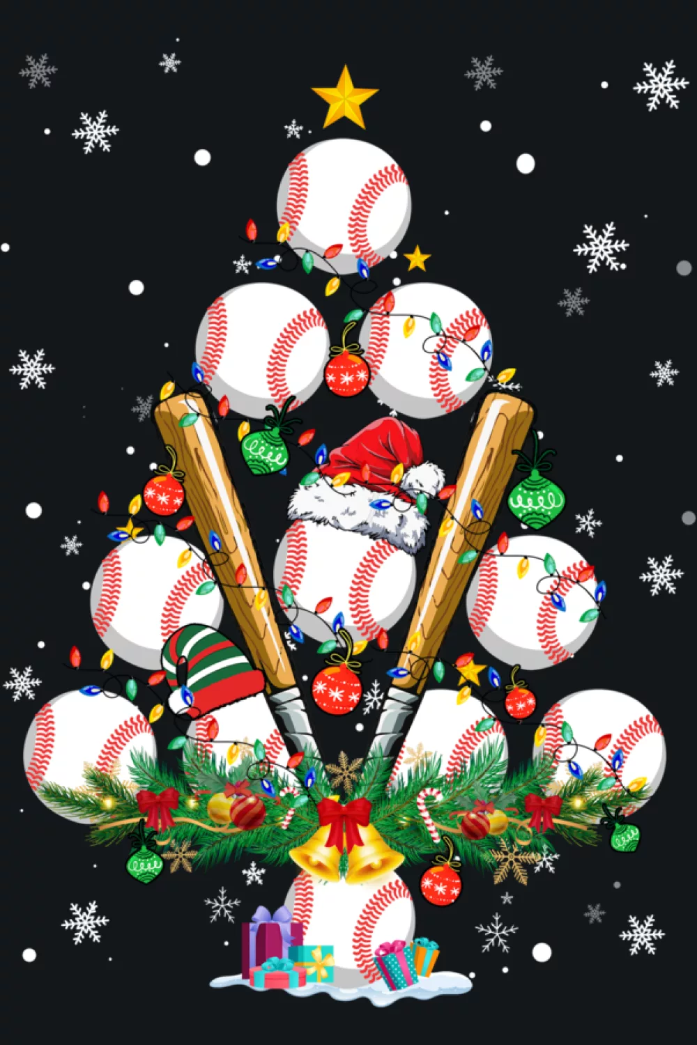 Santa themed baseball tree glowing with warm lights from bottom to top.