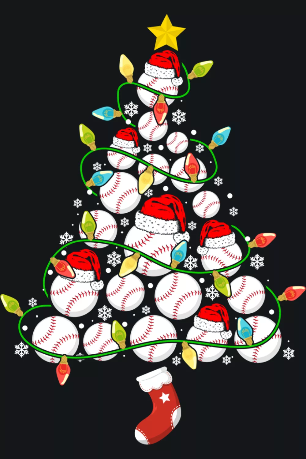 Tree covered in star lights and layered balls with gentle snowfall.