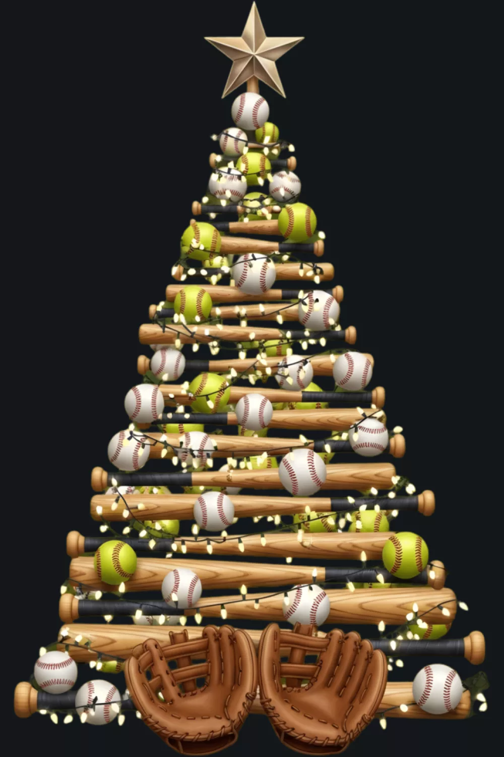 Tree decorated with masks, bats and catcher gear on each row.