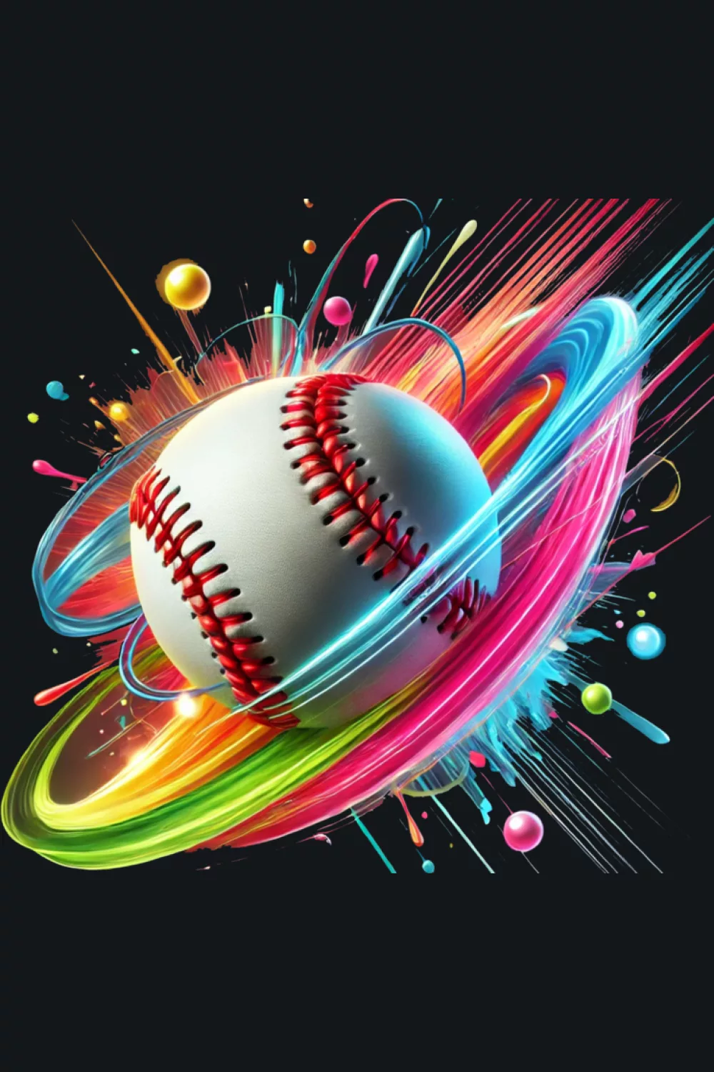 Kids colorful baseball ball splash theme with bright rainbow paint accents and playful look.