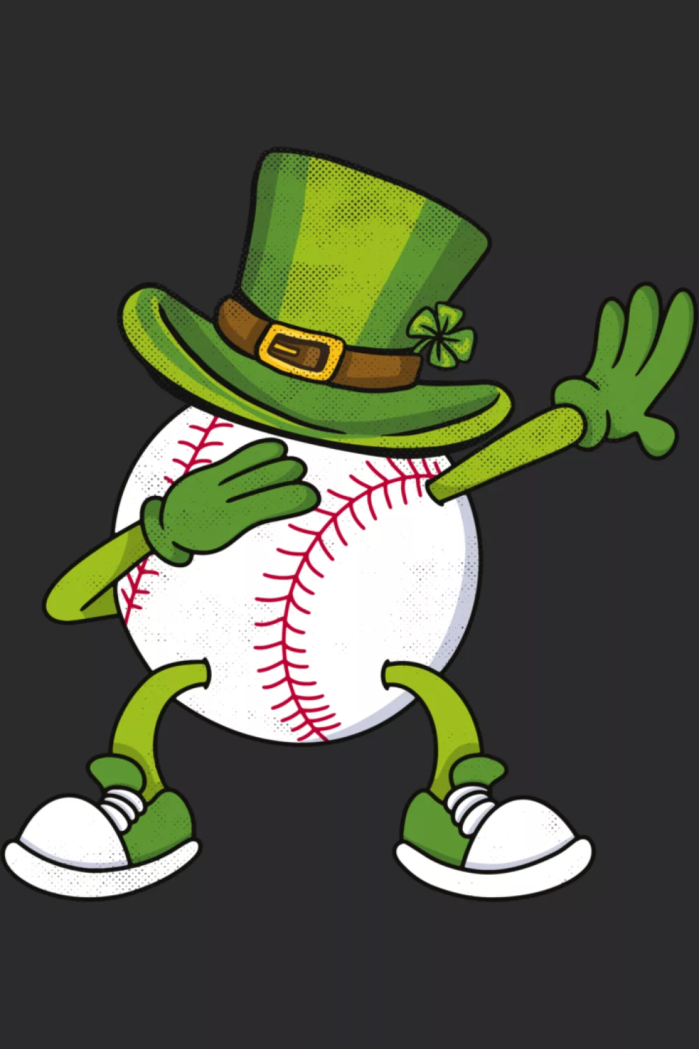 Baseball mascot wearing leprechaun hat dabbing beside shamrocks