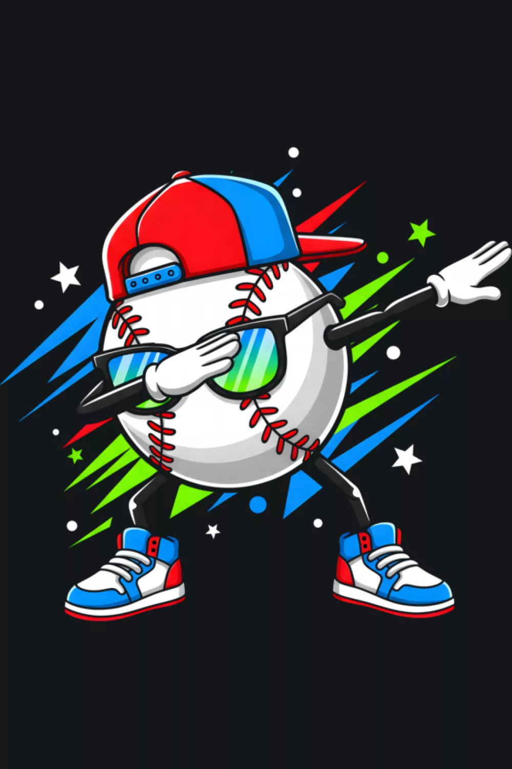 Sporty baseball mascot mid stride lifting one arm into a dab