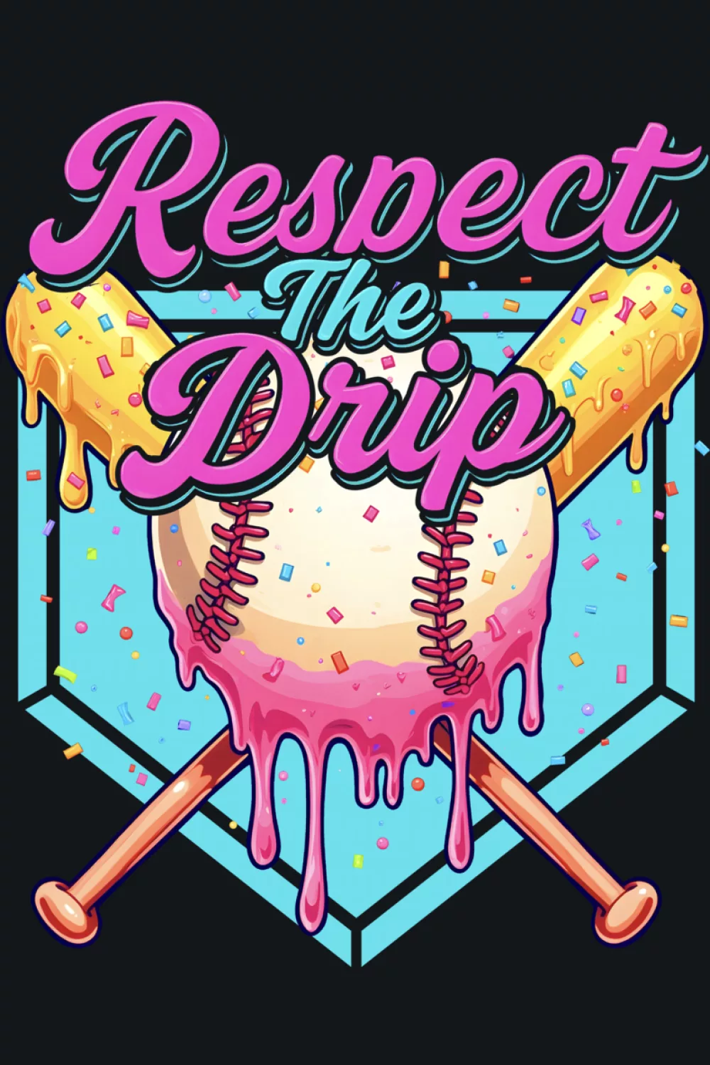 Big ball resting over home plate with bold vertical text strip