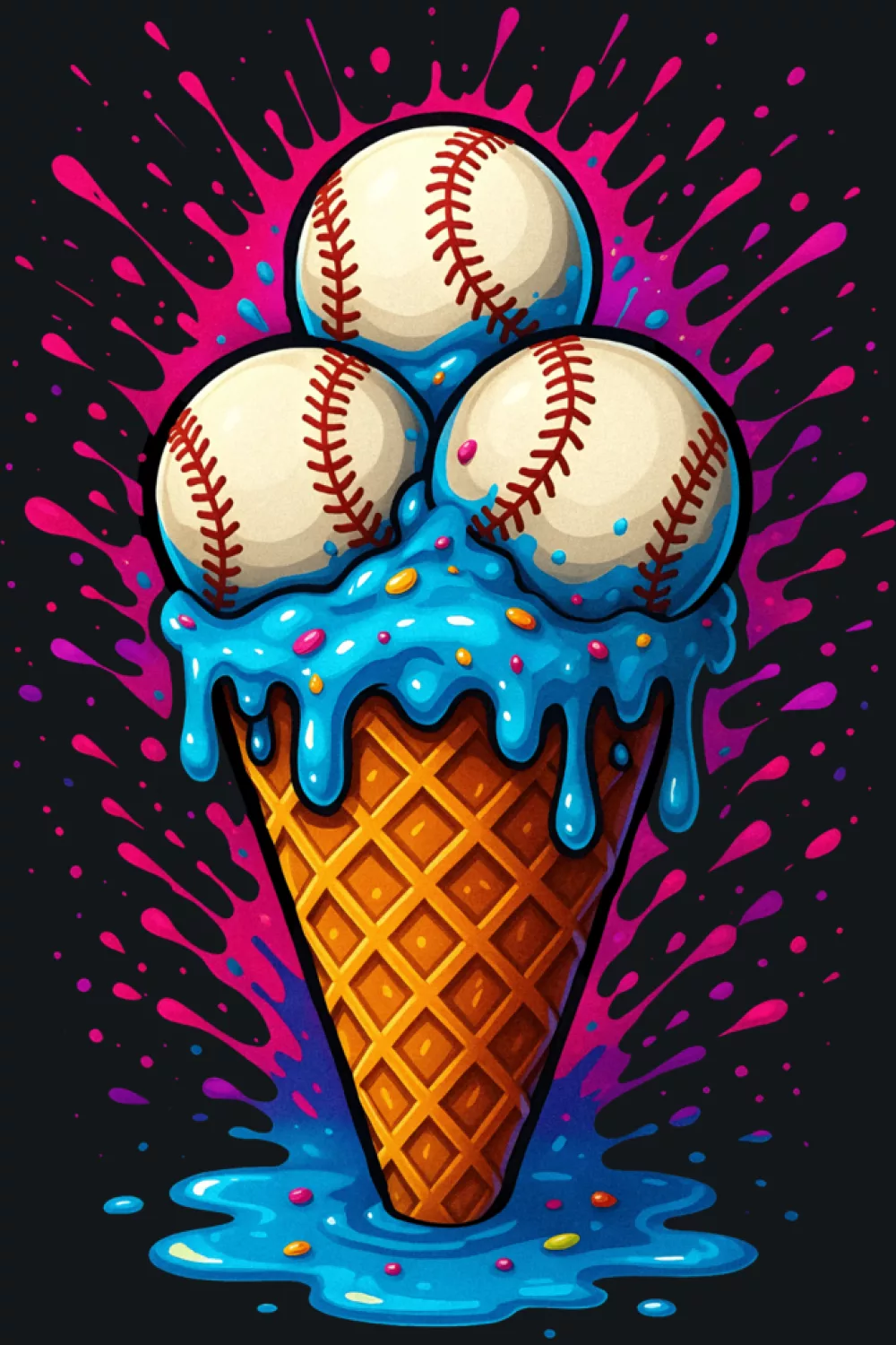 dripping baseball ice cream cone with bold colors and sporty splatter for a fun fan look