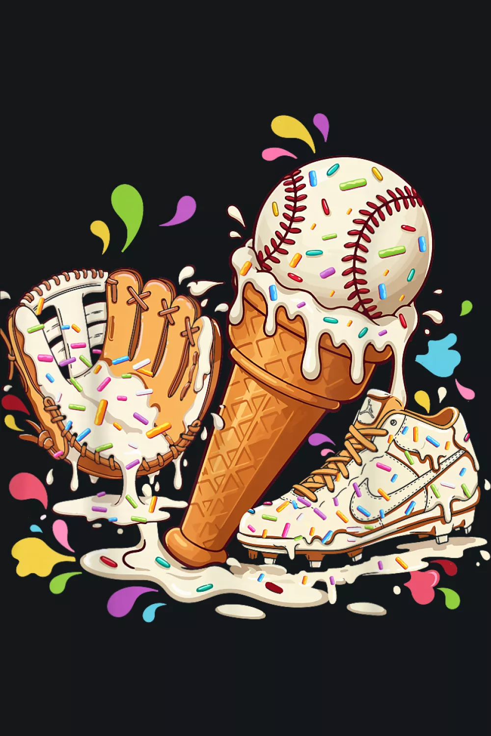 Glove bat and ball with ice cream sprinkles dripping