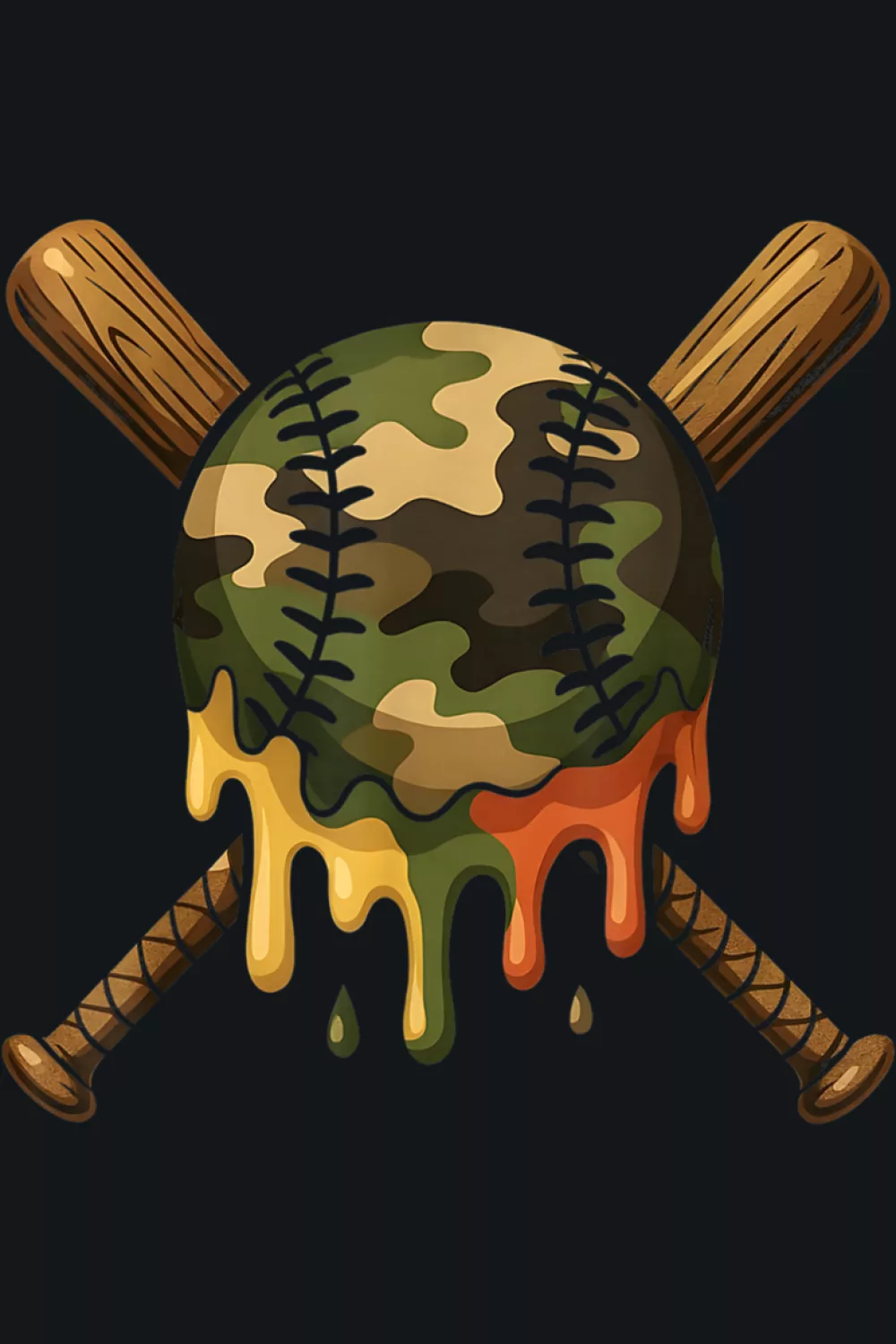 Camo Drip Baseball Shirts idea with crossed bats, home plate, and camo drip for young players