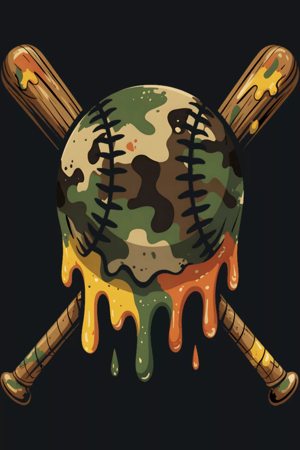 Camo bats and ball crest with sharp lines and heavy drip