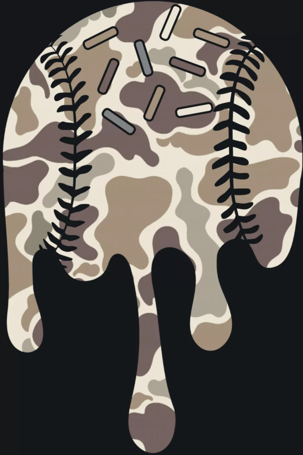 Camo baseball circle with strong drip marks and crossed seams