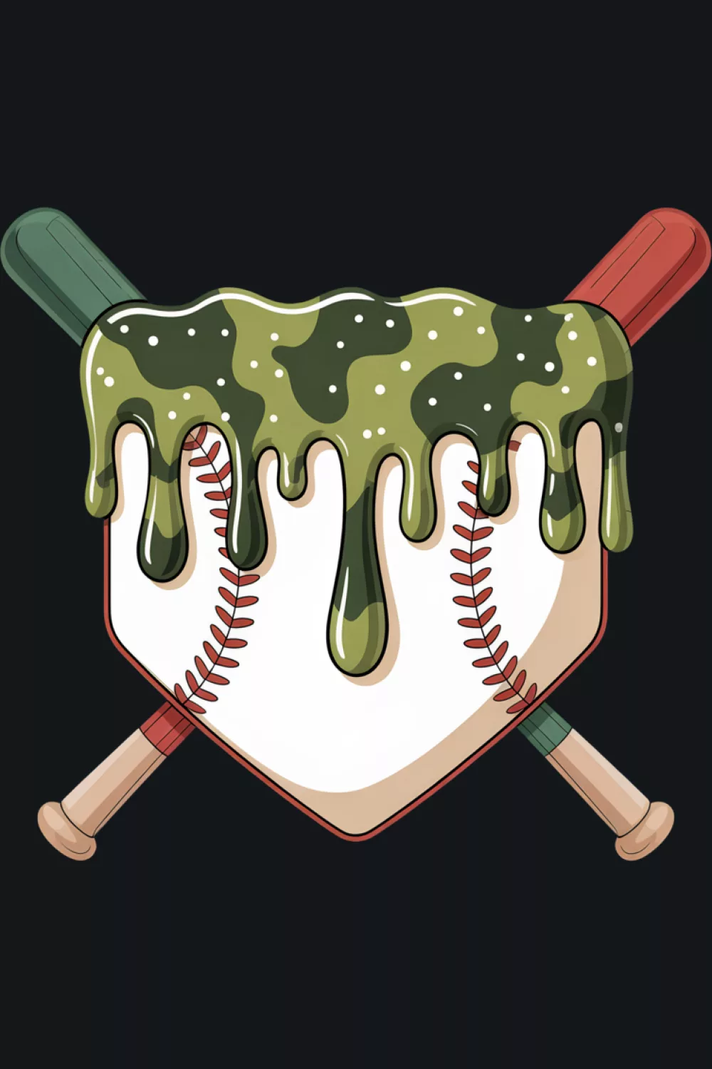 Strong camo badge with bats, ball, and thick drip lines