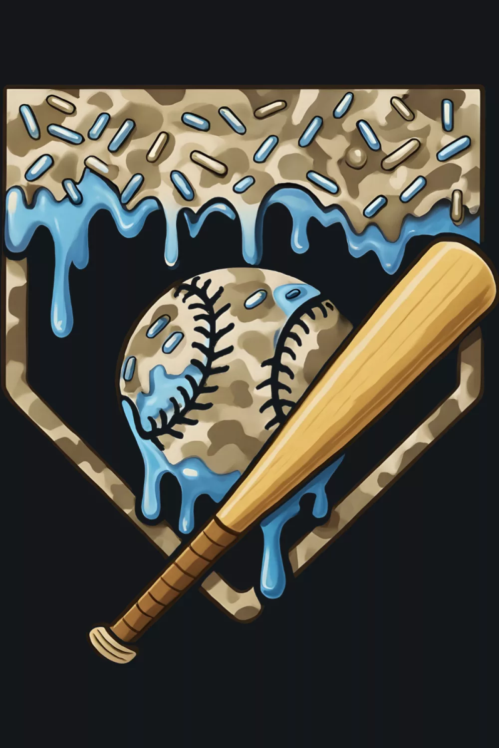 Camo baseball home plate emblem with bat and heavy drip edges