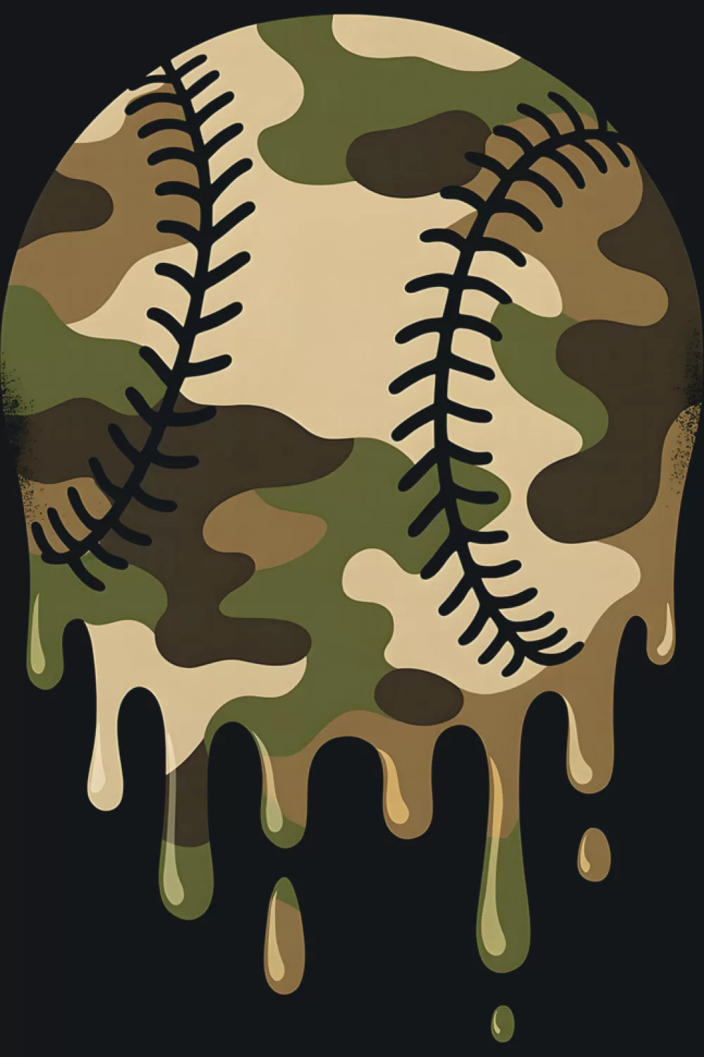 Brown and green camo baseball with thick drip lines at the base